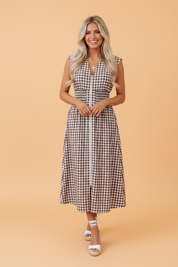 Gingham Plaid Zipped Cinched Waist Maxi Dress