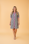 Floral Stripe Trim Short Sleeve Shift Dress