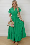 Solid V-Neck Short Puff Sleeve Tiered Maxi Dress