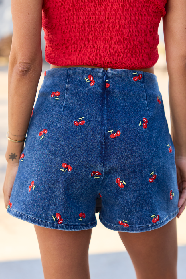 My Favorite Dark Wash Cherry Embroidered Side Slit Denim Skort SALE