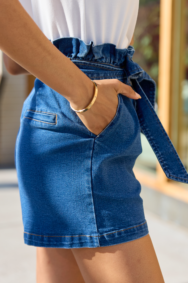 What's New Dark Wash Paperbag Waist Belted Denim Shorts SALE