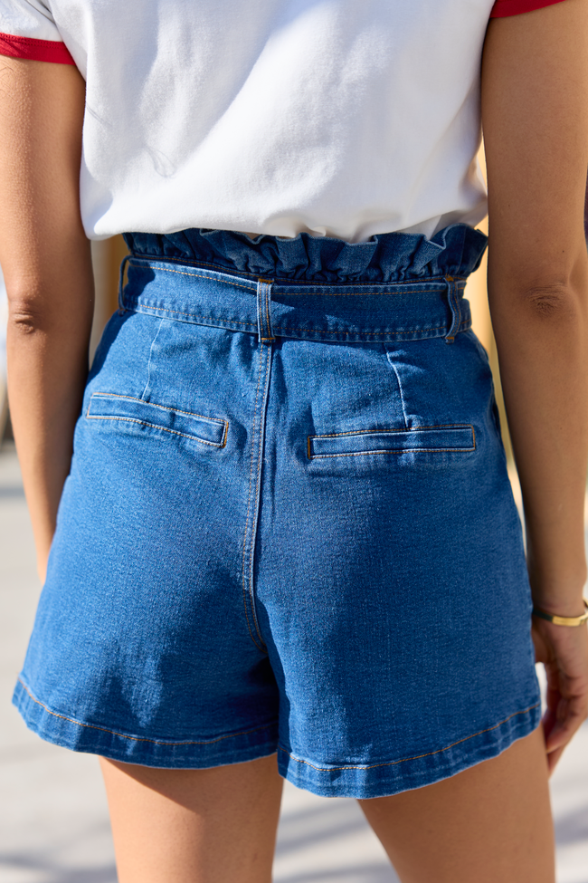 What's New Dark Wash Paperbag Waist Belted Denim Shorts SALE