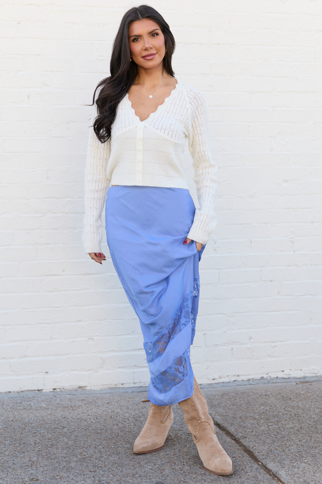 Kaden Blue Satin Lace Inset Midi Skirt FINAL SALE