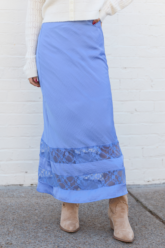 Kaden Blue Satin Lace Inset Midi Skirt FINAL SALE