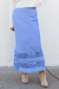 Kaden Blue Satin Lace Inset Midi Skirt FINAL SALE