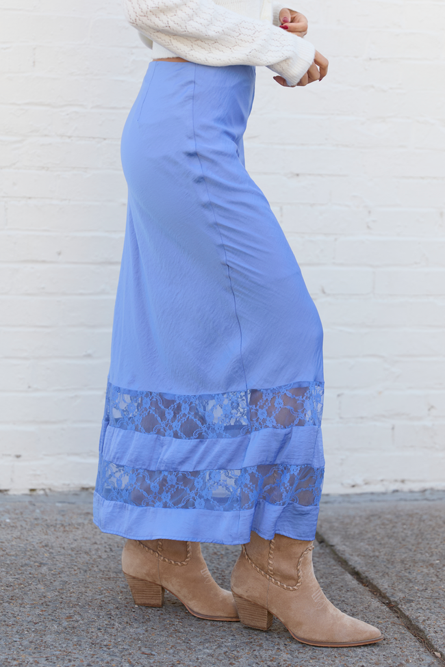 Kaden Blue Satin Lace Inset Midi Skirt FINAL SALE