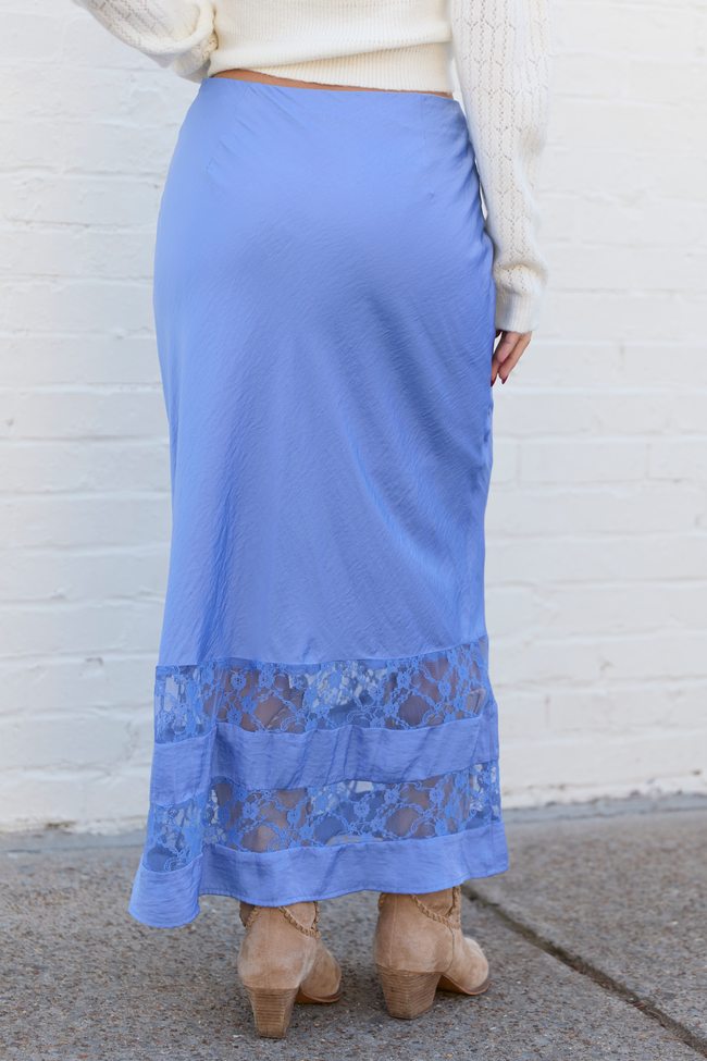 Kaden Blue Satin Lace Inset Midi Skirt FINAL SALE