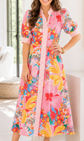 Pink Floral Stripe Trim Dress