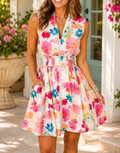 Pink Floral Zip Smocked Dress
