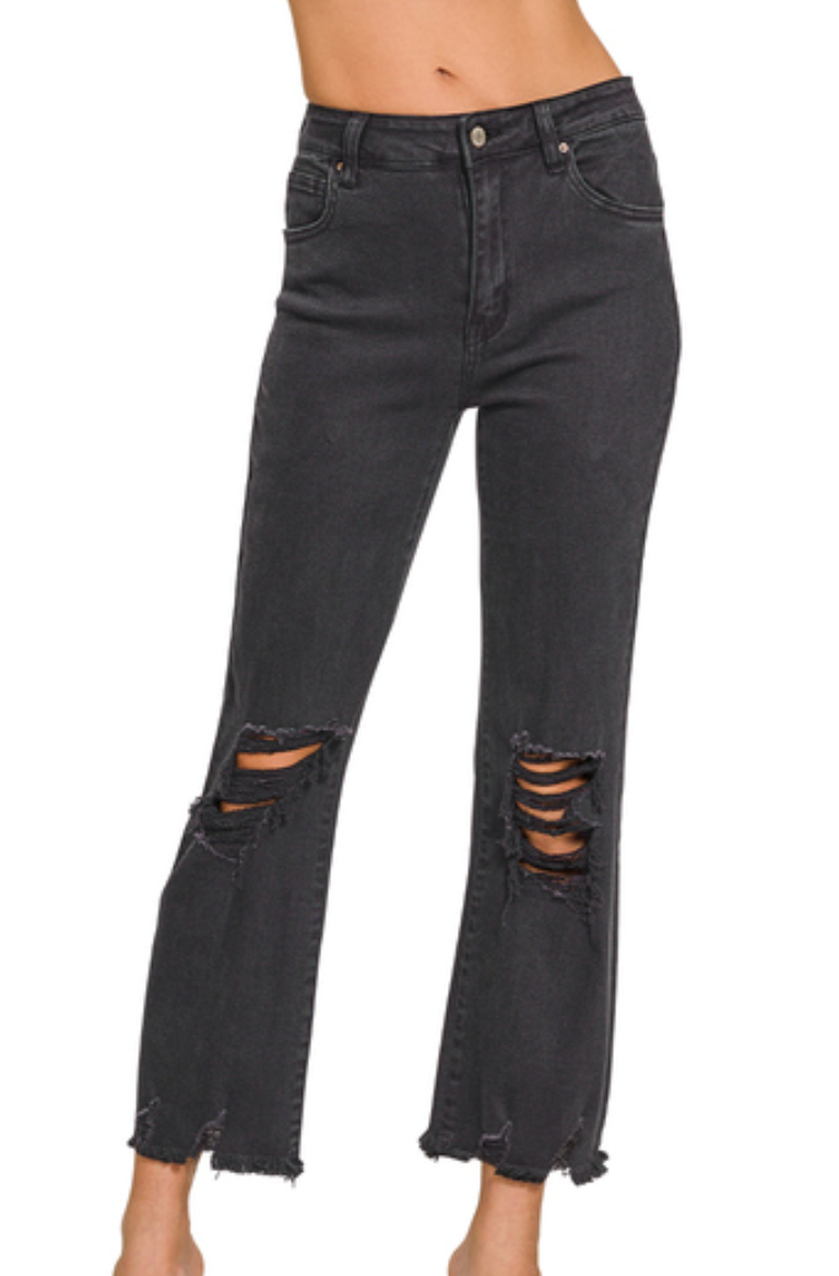 Acid Washed High Waist Distressed Straight Pants Zenana New RTS