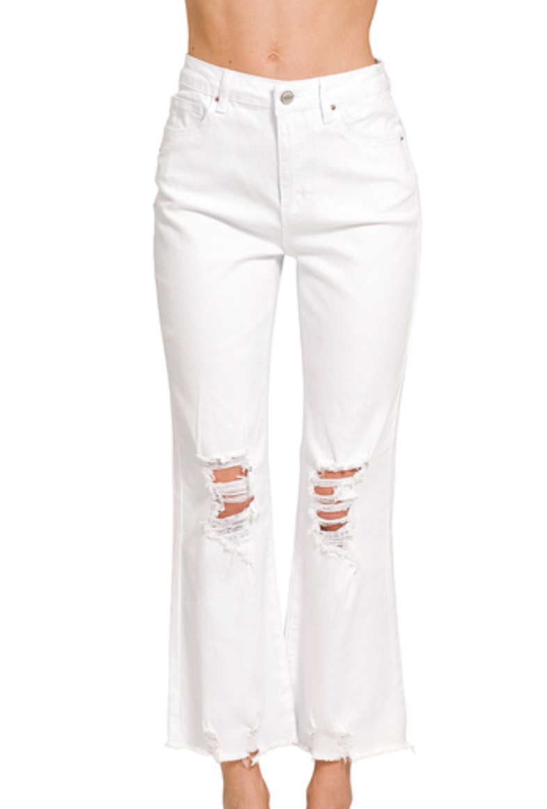 Acid Washed High Waist Distressed Straight Pants Zenana