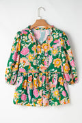 Floral Puff Sleeve V-Neck Peplum Blouse