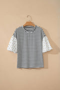 Floral Stripe Patchwork Puff Sleeve Round Neck Top