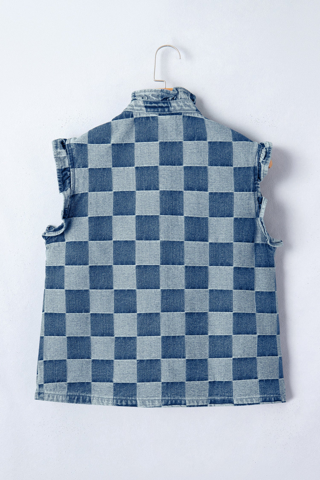 Checker Ruffle Trim Button Down Denim Vest