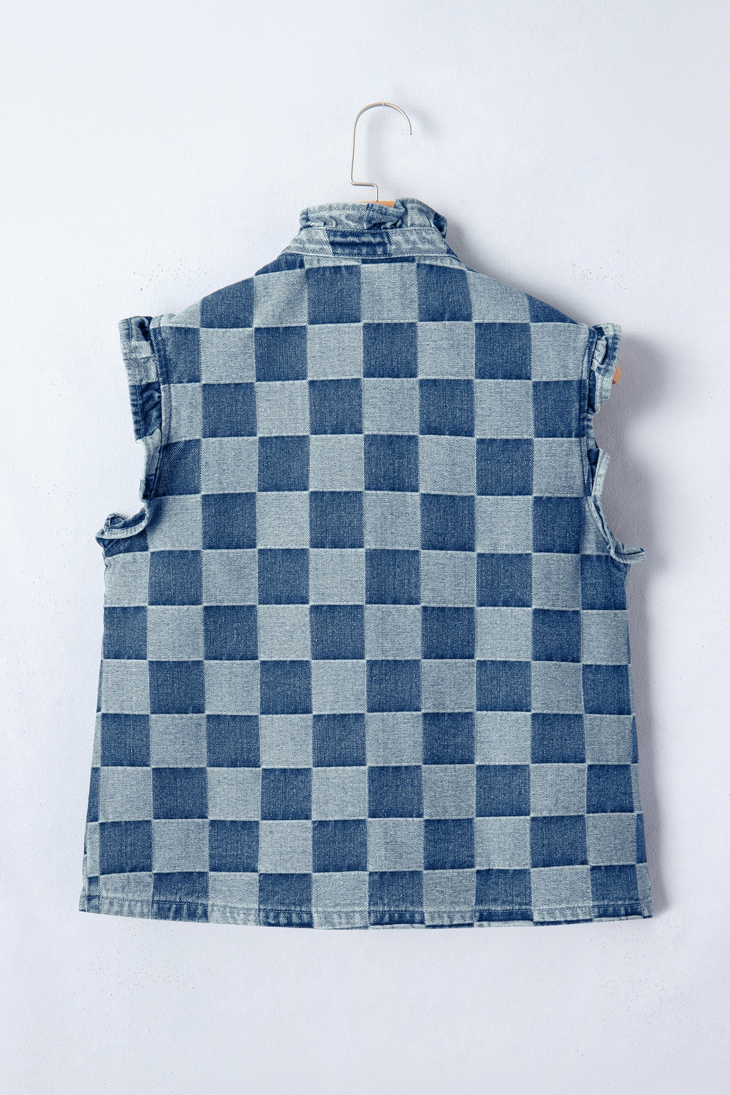 Checker Ruffle Trim Button Down Denim Vest