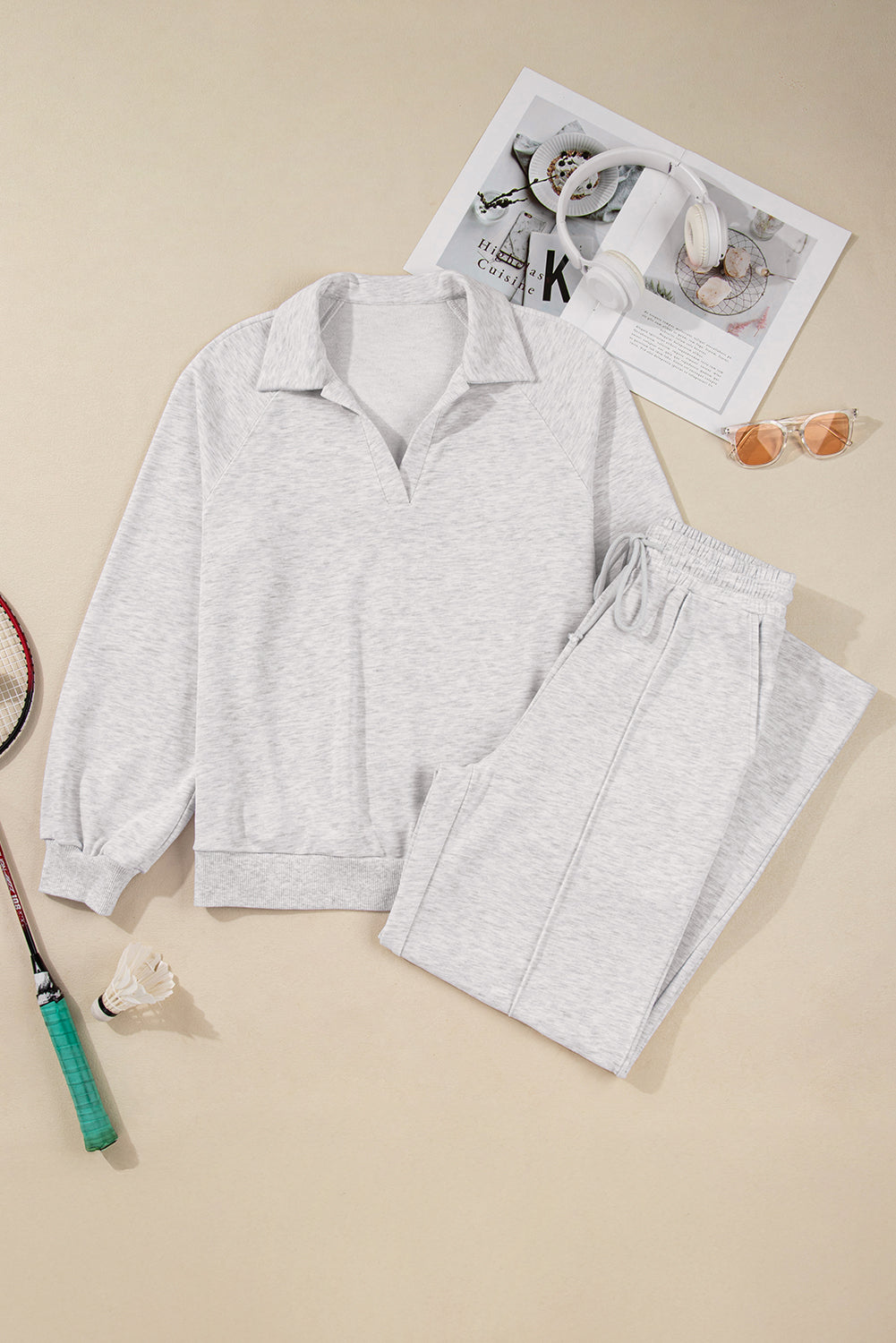 Solid V-Neck Pullover and Drawstring Sweatpants Set