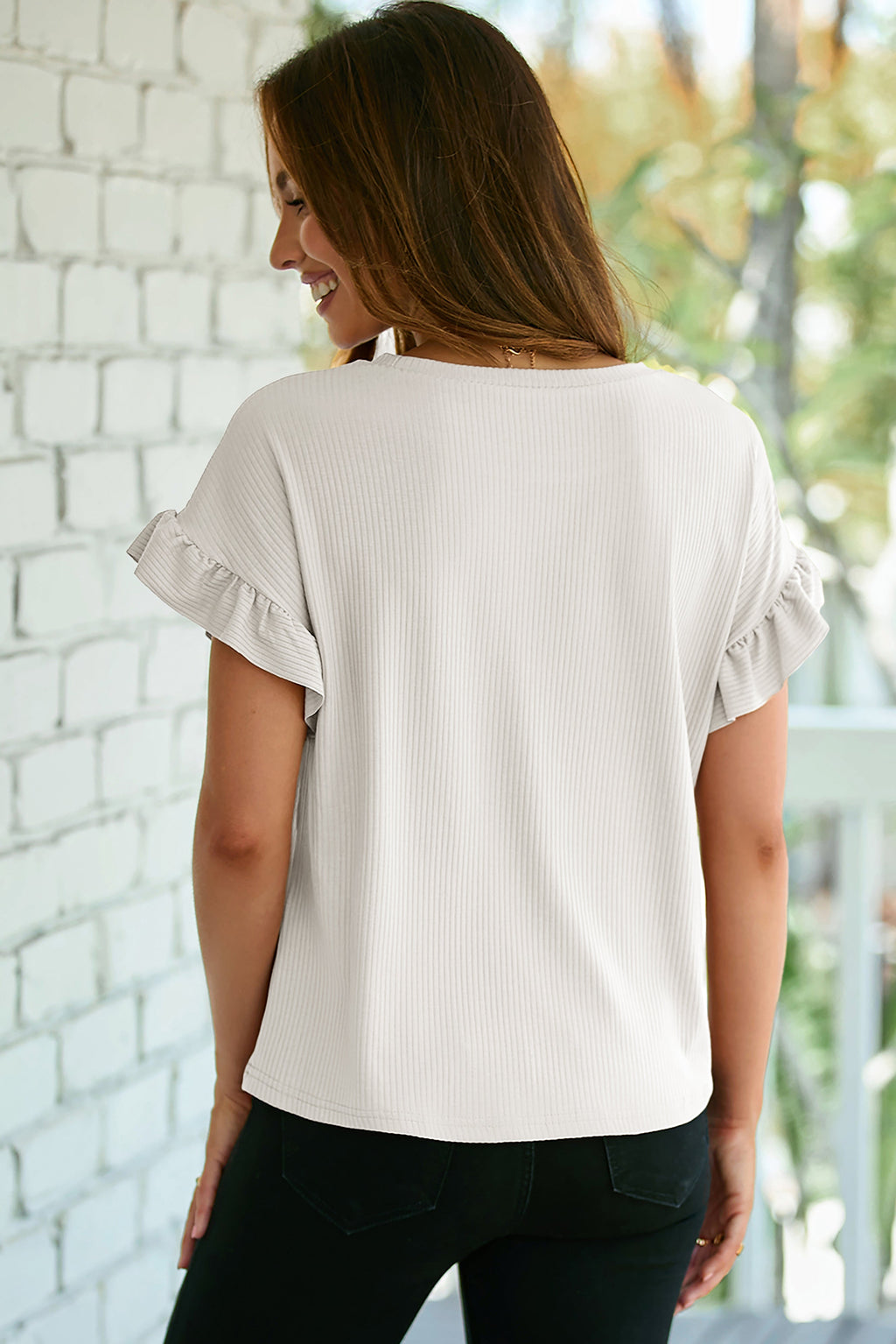 Solid Ribbed Knit Ruffle Short Sleeve T-Shirt