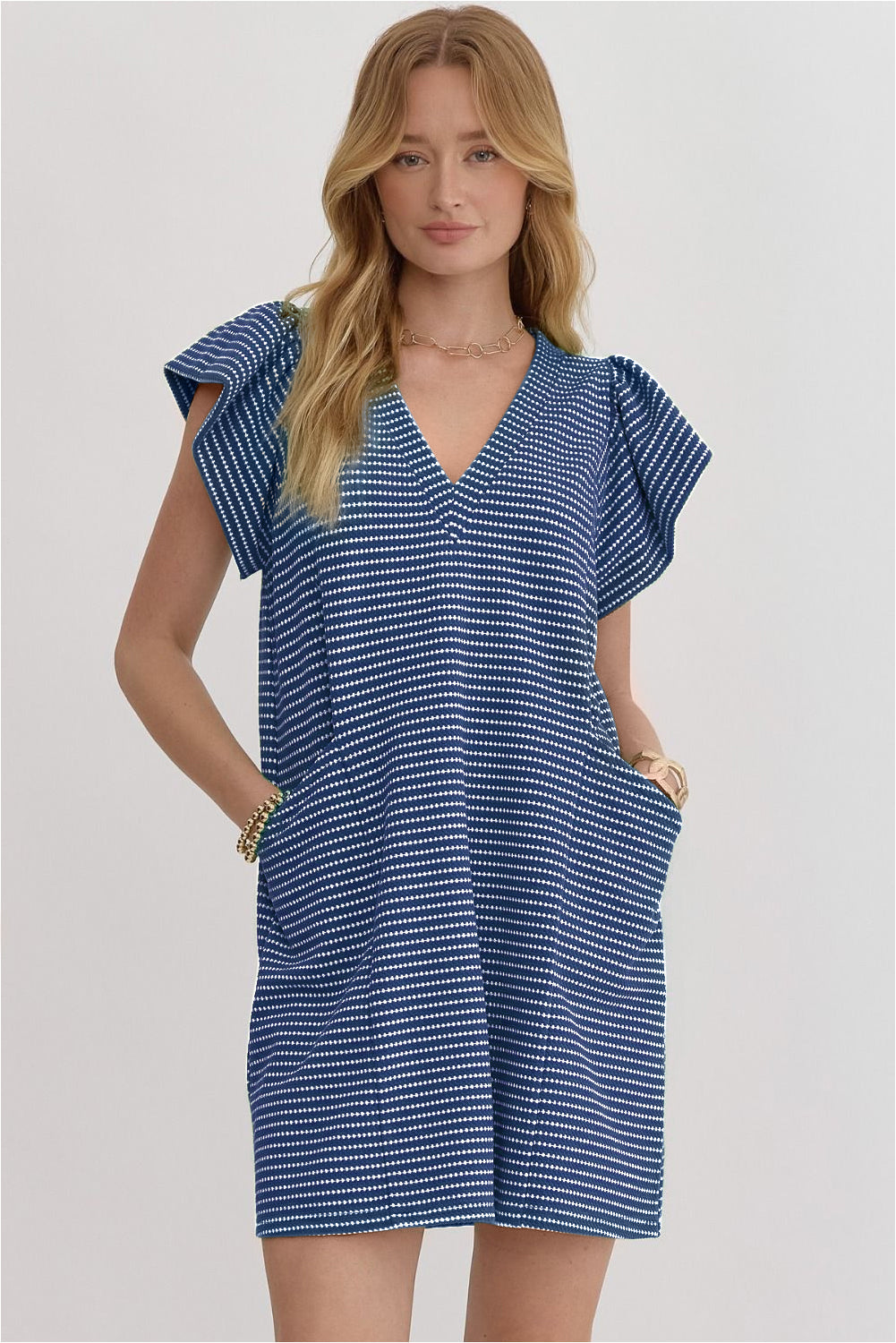 Stripe Textured Knit V-Neck Flutter Sleeve Mini Dress