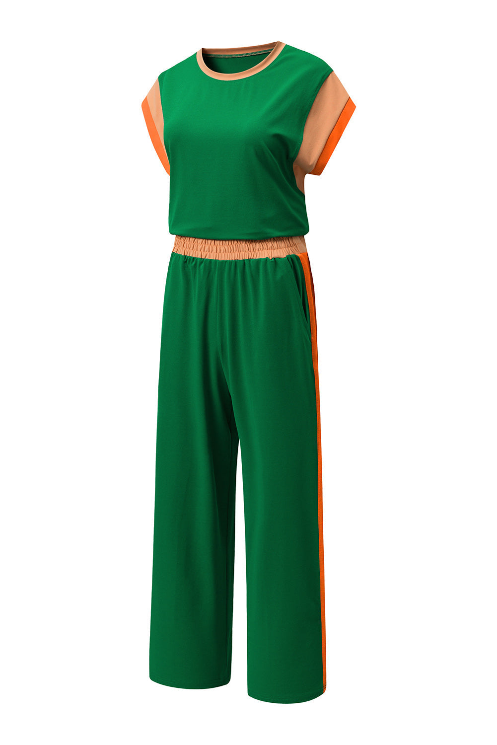 Colorblock Short Sleeve Top & Wide Leg Pants Set