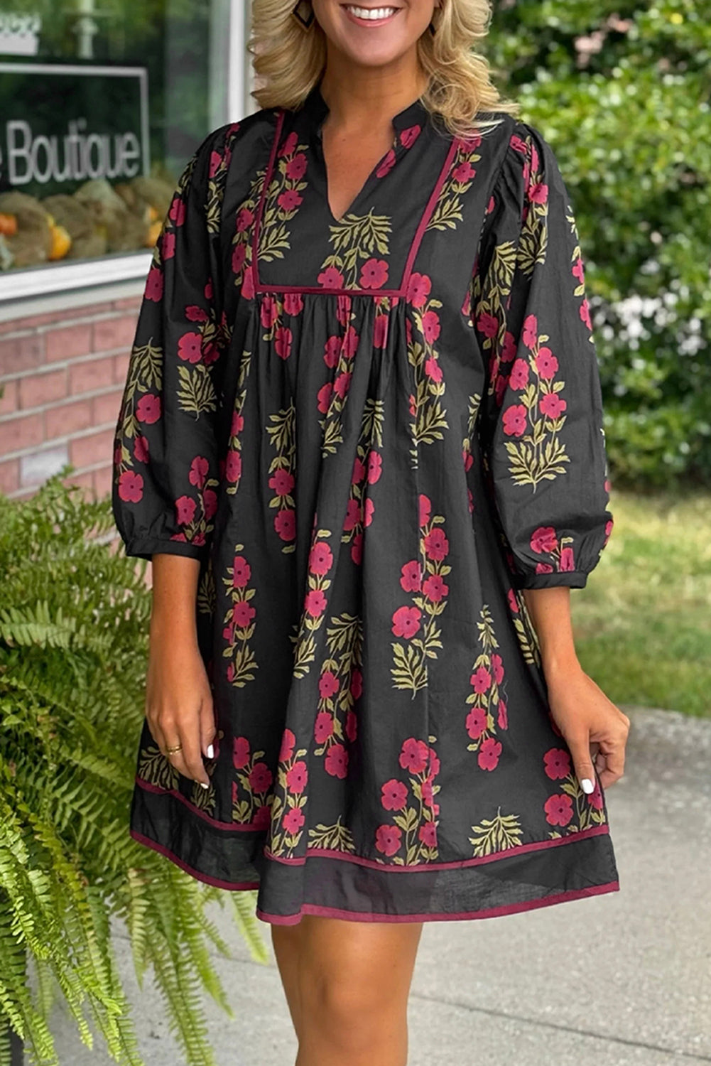 Floral Notch Neck Piping Trim Babydoll Dress