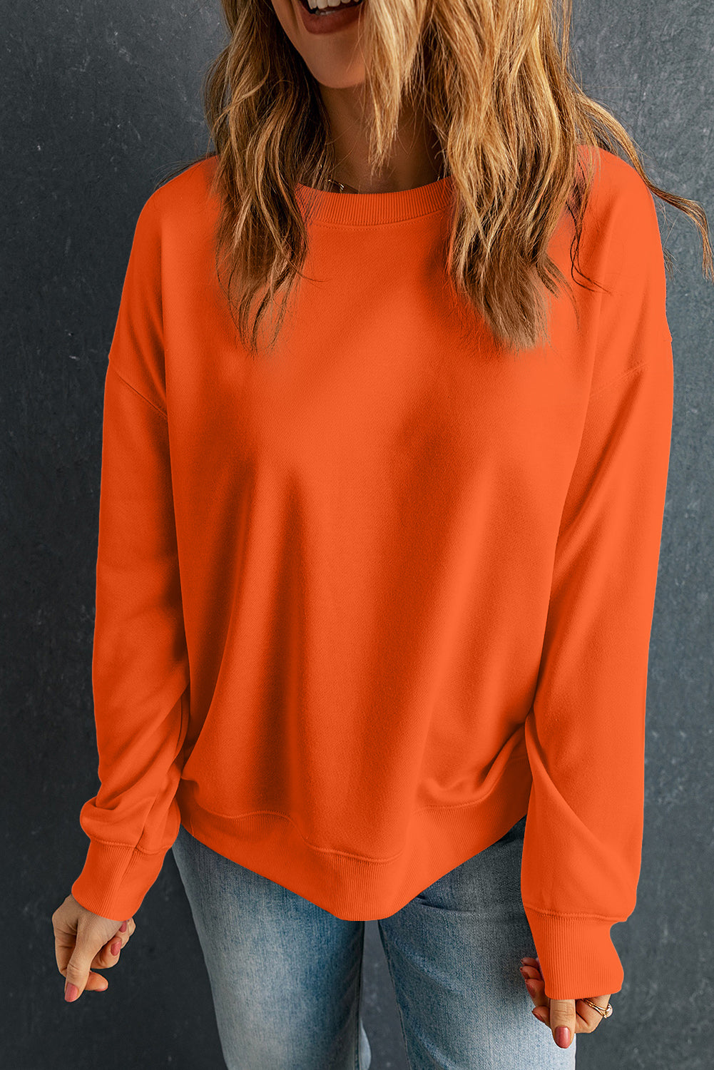 Solid Drop Shoulder Crewneck Pullover Sweatshirt