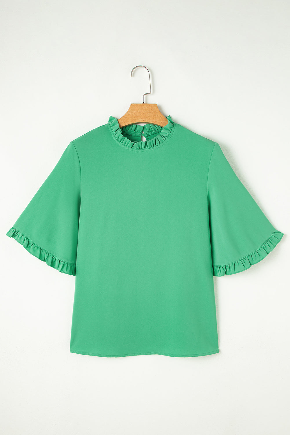 Frilled Round Neck Wide 3/4 Sleeve Blouse
