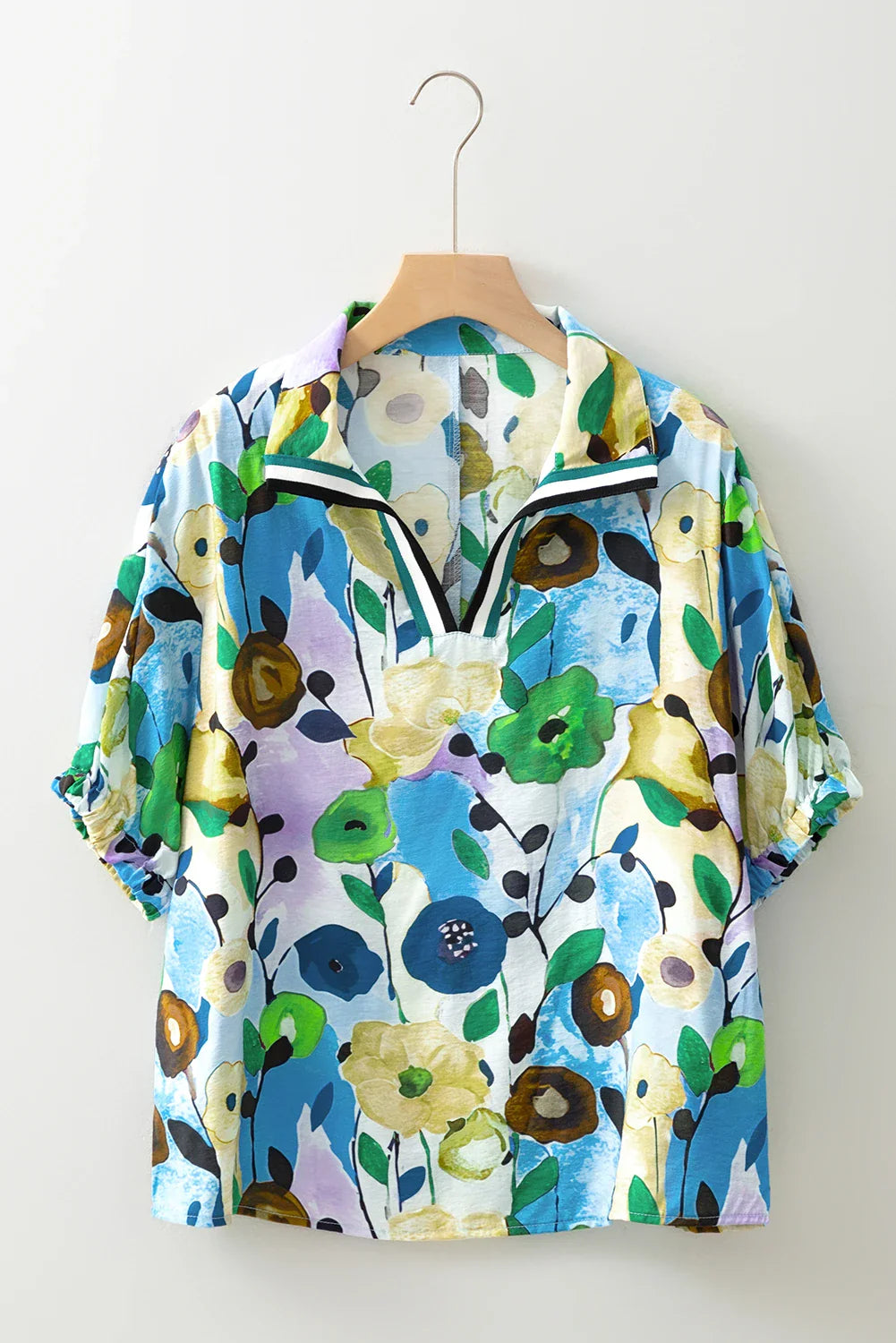 Floral Slit V-Neck Short Sleeve Blouse