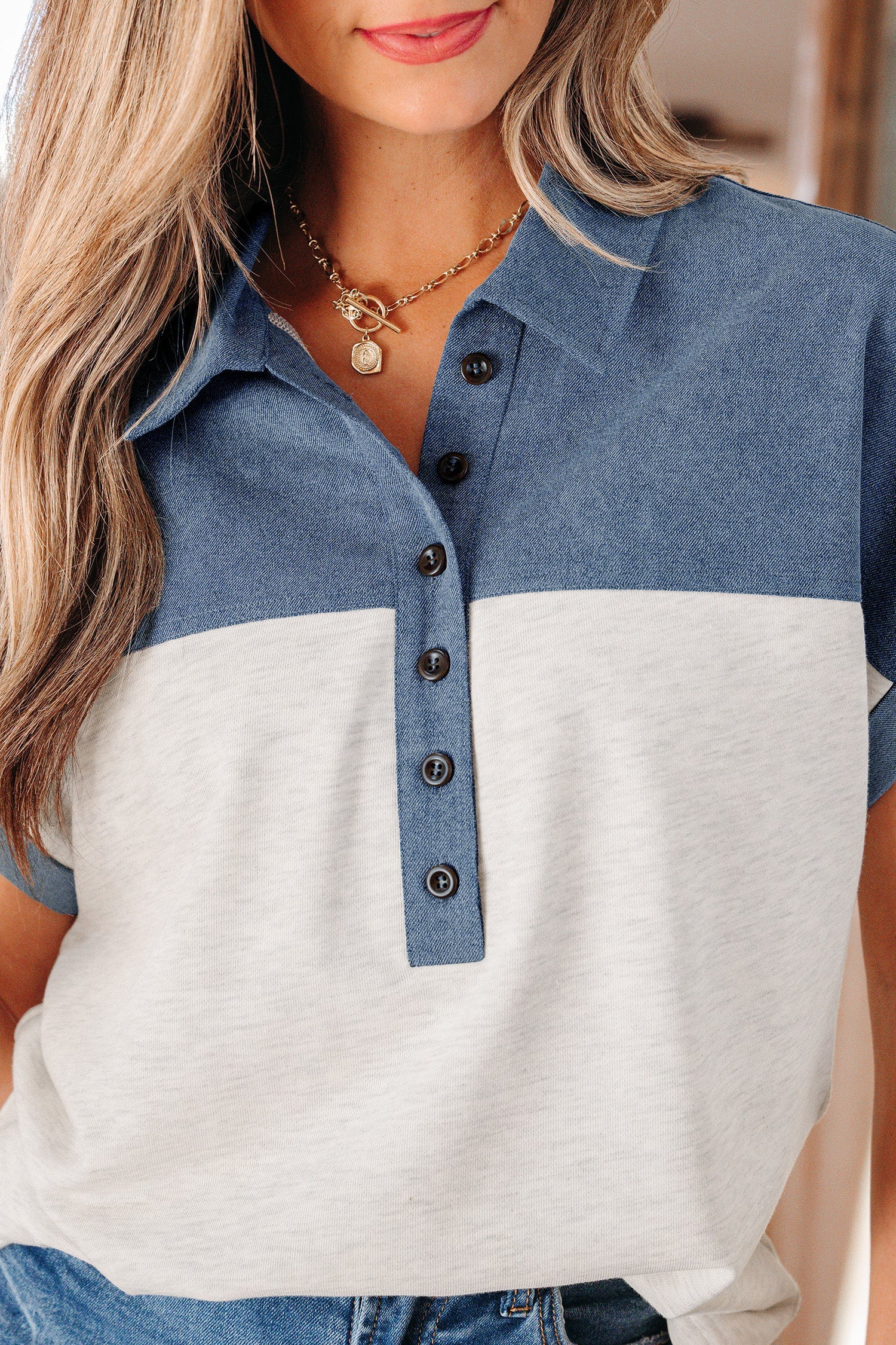 Colorblock Denim Patchwork Buttoned Polo Top