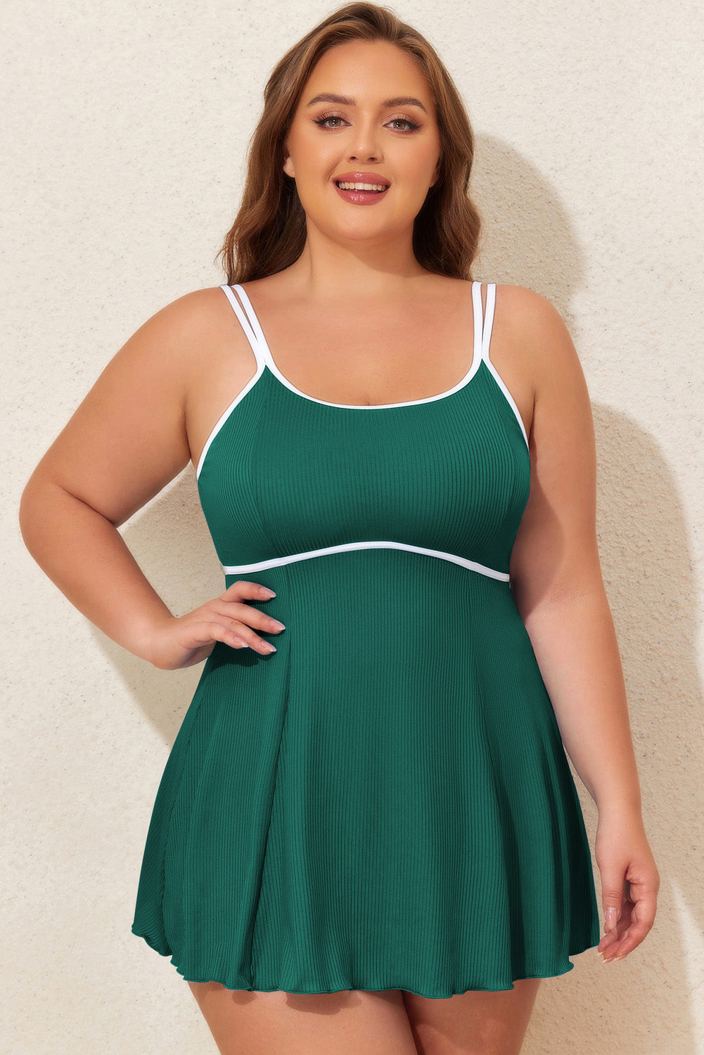 Plus Size Ribbed Contrast Trim Tankini Swimsuit Set