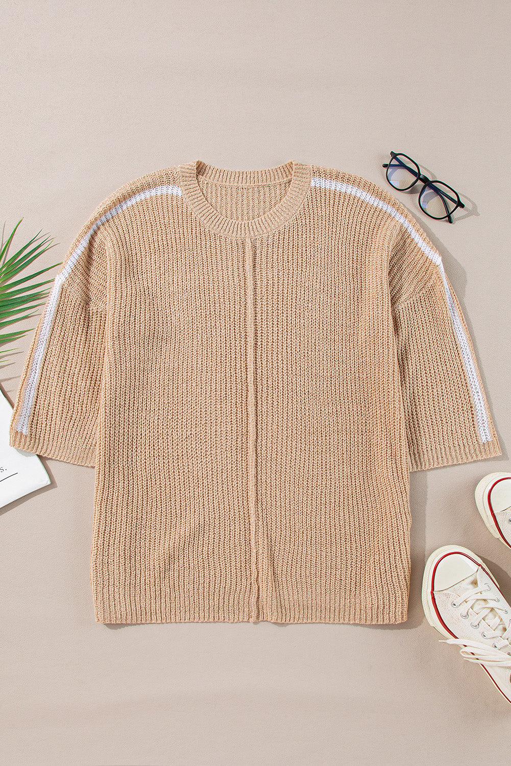 Contrast Stripe 3/4 Sleeve Crew Neck Sweater