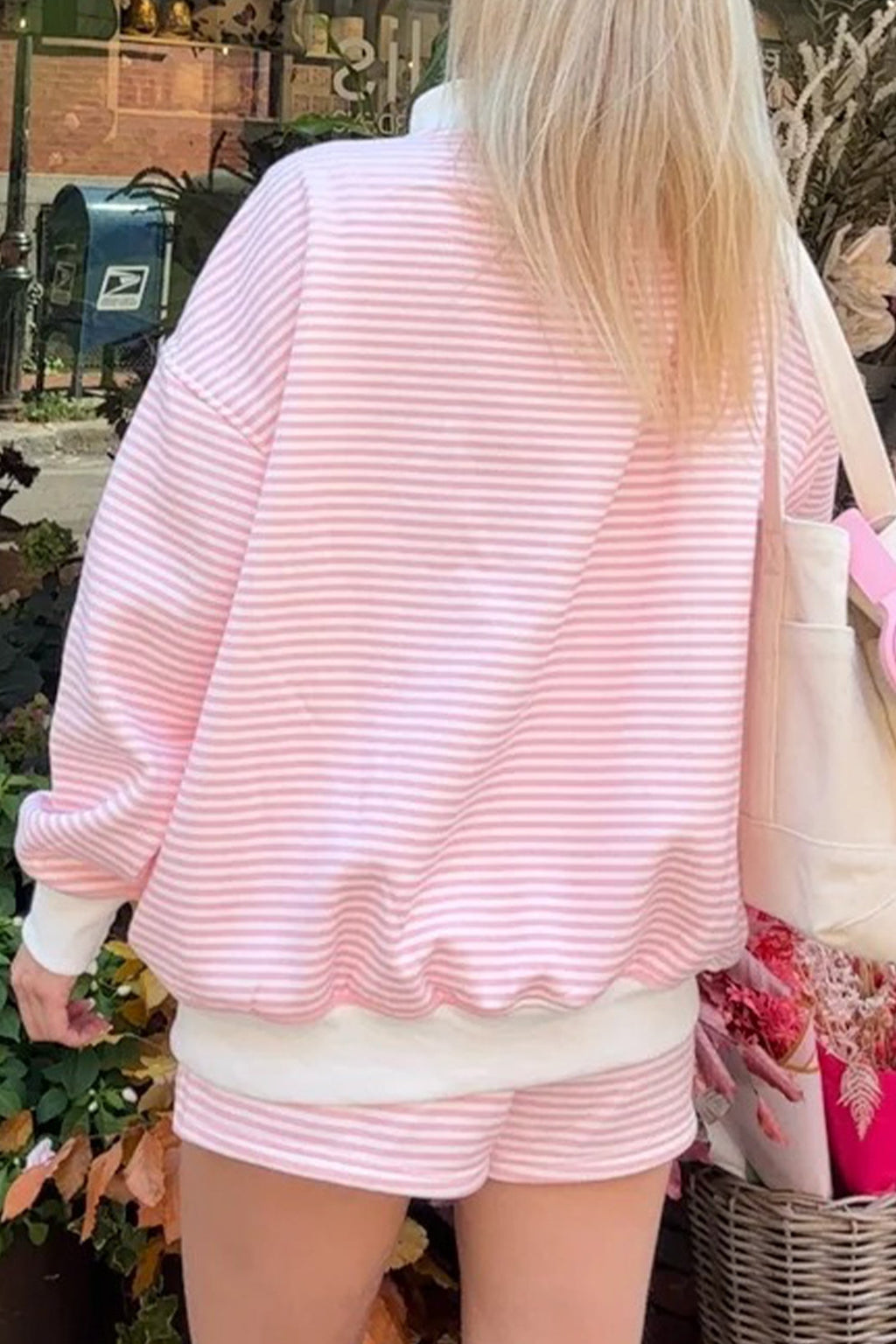 Stripe Oversize Mock Neck Sweatshirt & Shorts Set