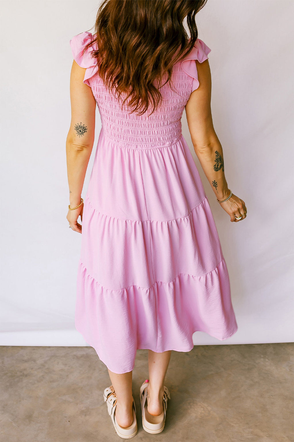 Smocked V-Neck Flutter Sleeve Tiered Midi Dress