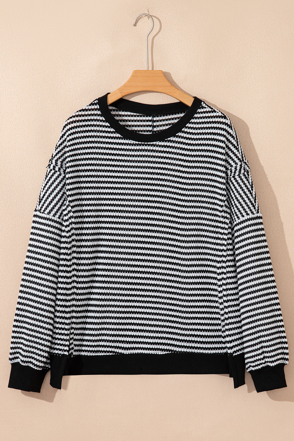 Stripe Ribbed Trim Drop Shoulder Top