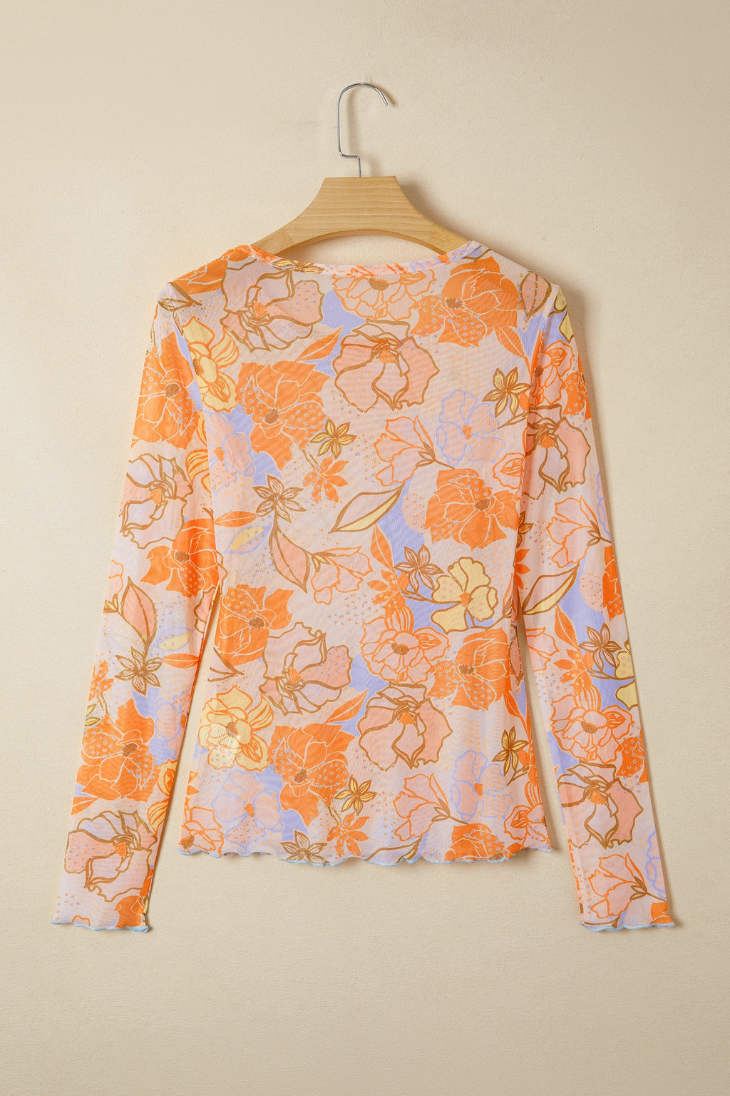 Floral Mesh Lettuce Trim Long Sleeve Top