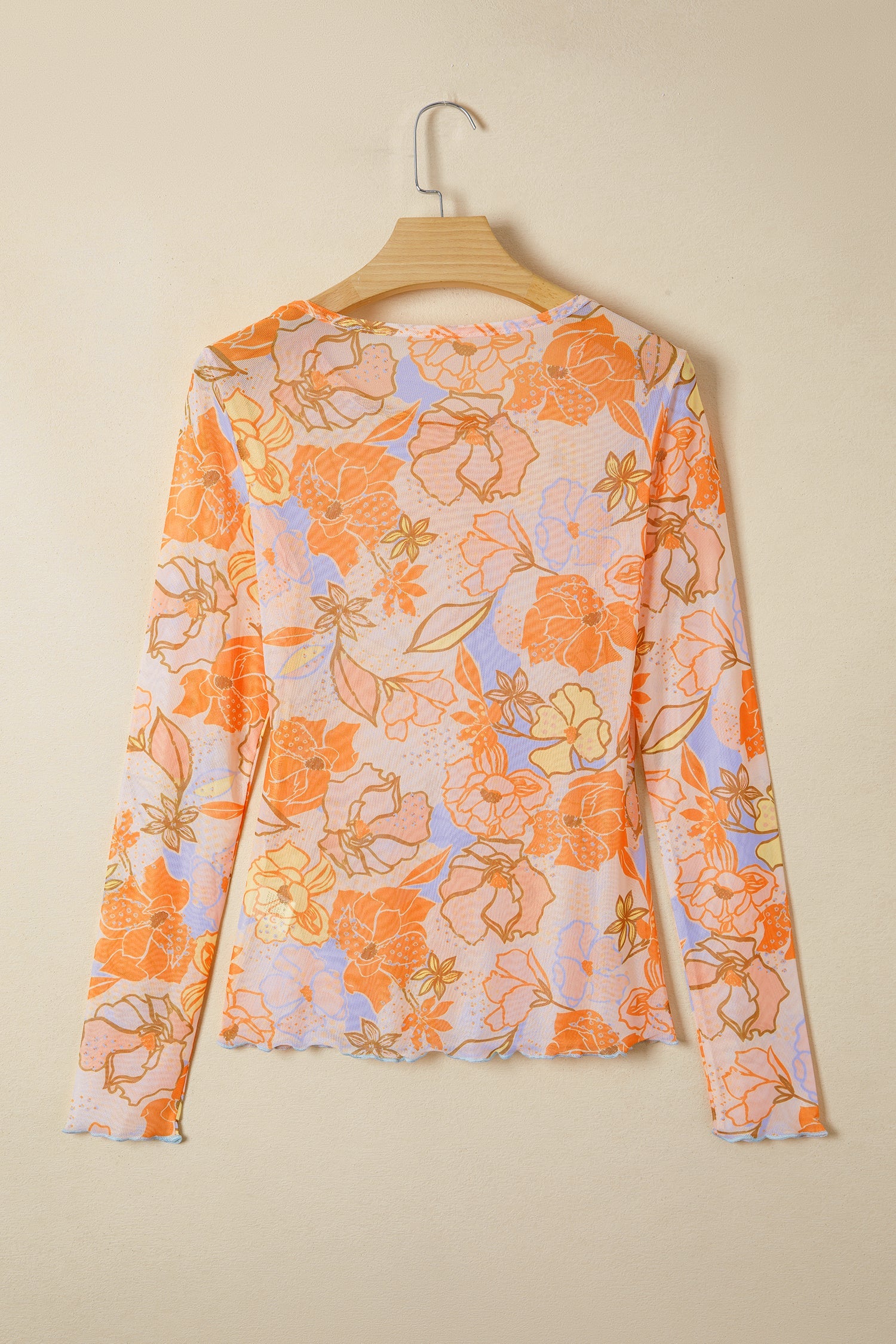 Floral Mesh Lettuce Trim Long Sleeve Top