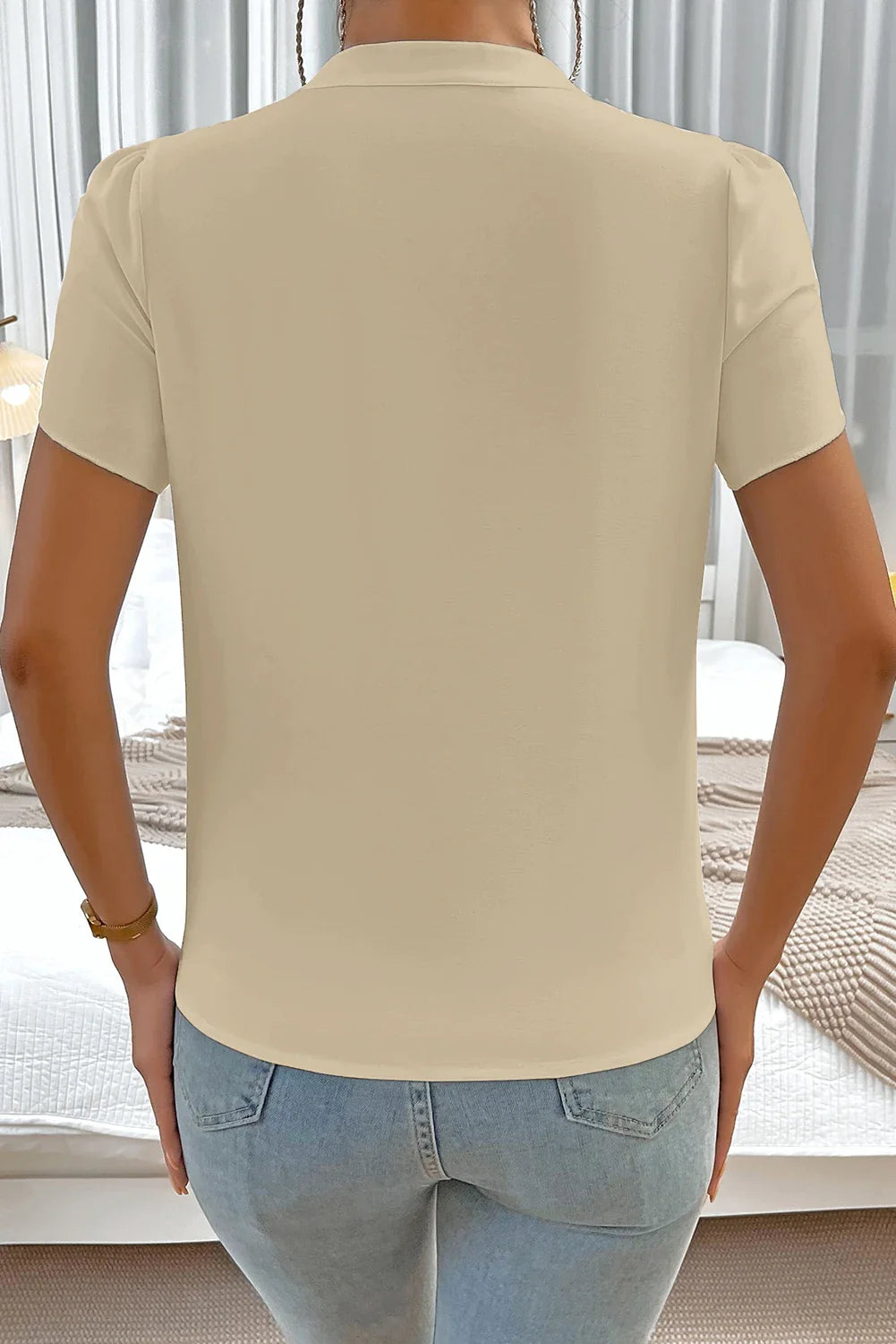 Solid Notched Neck Petal Sleeve Blouse