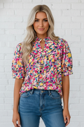 Flower Frilled Collar Puff Sleeve Blouse