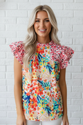 Floral Patchwork Ruffle Cap Sleeve Blouse