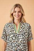 Leopard Colorblock Contrast V-Neck Short Sleeve Blouse