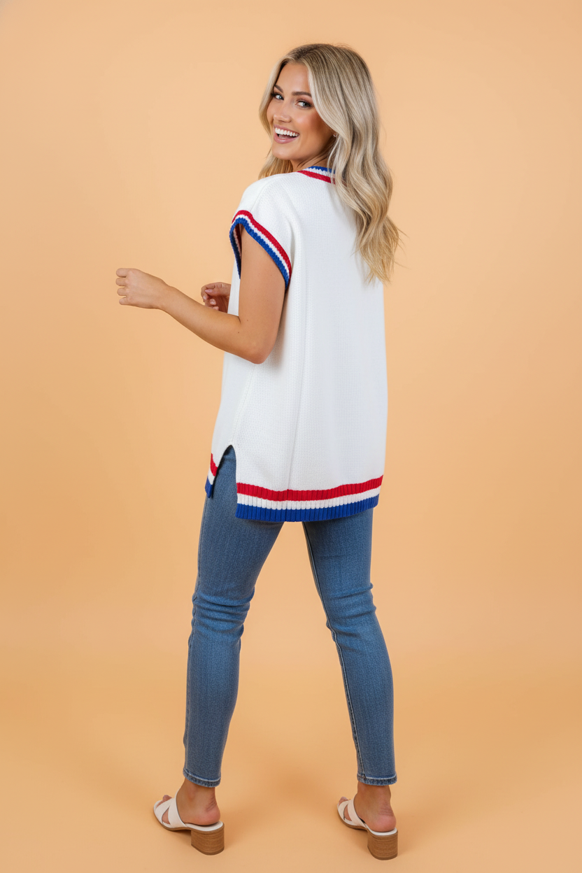 USA Stripe Contrast Trim Short Sleeve Sweater