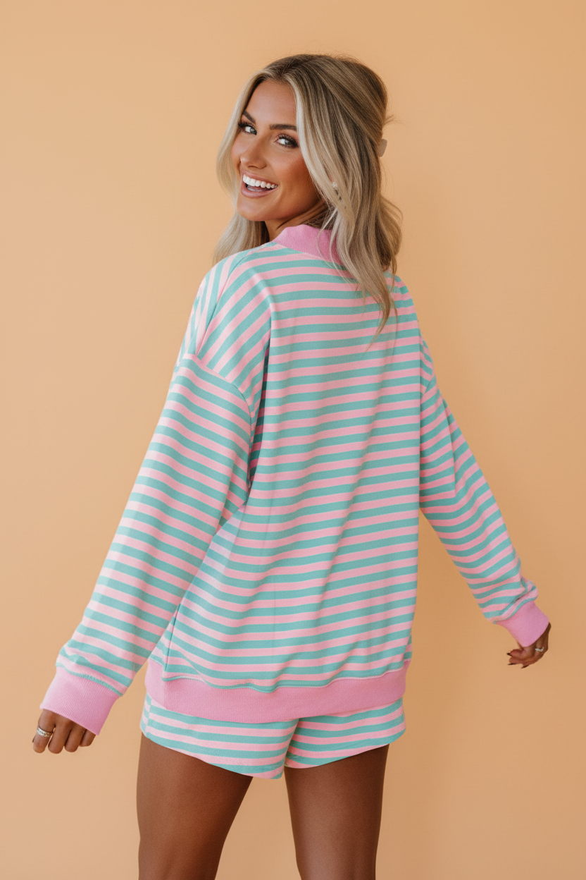 Stripe Colorblock Pullover & Pull-On Shorts Set