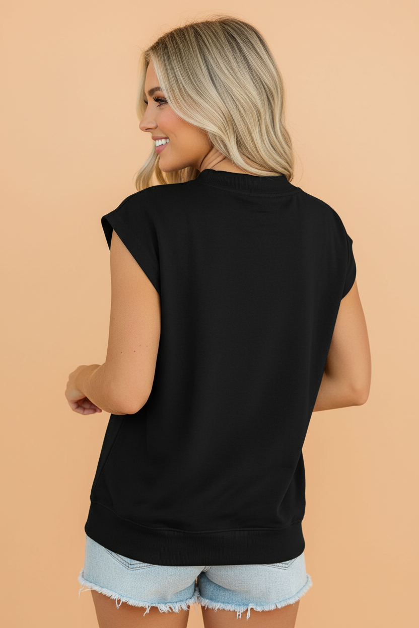Solid Mock Neck Cap Sleeve Oversized Top
