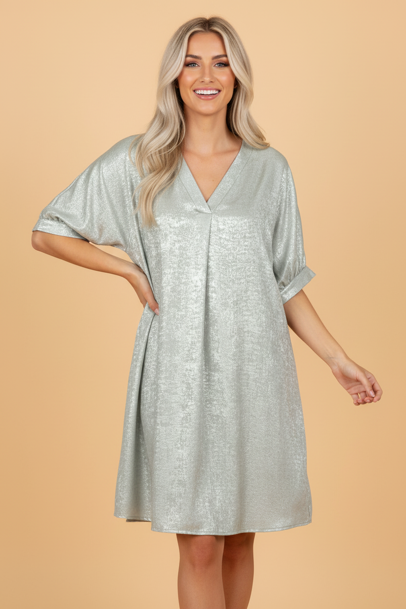 Metallic V-Neck Short Sleeve Mini Dress