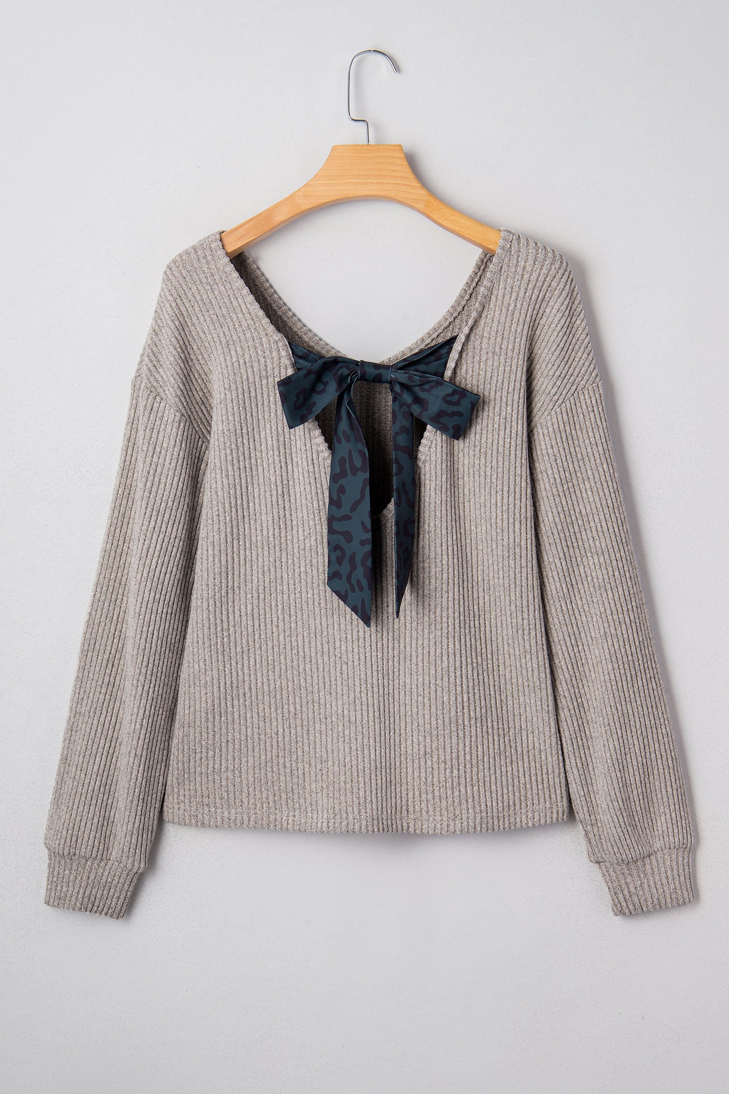 Bow Back Ribbed Knit V-Neck Drop Shoulder Top