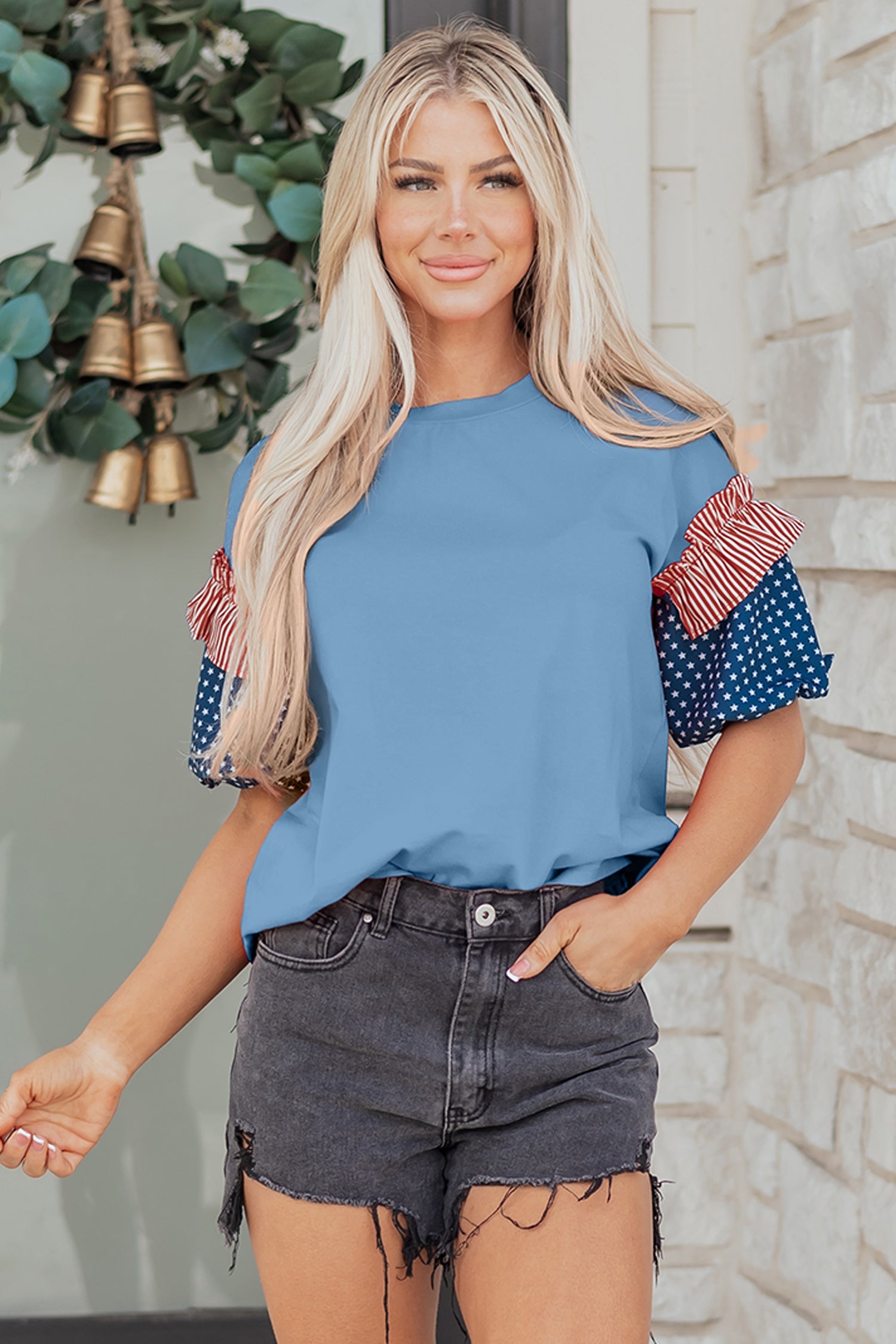 Stars & Stripe Patchwork Short Puff Sleeve Top