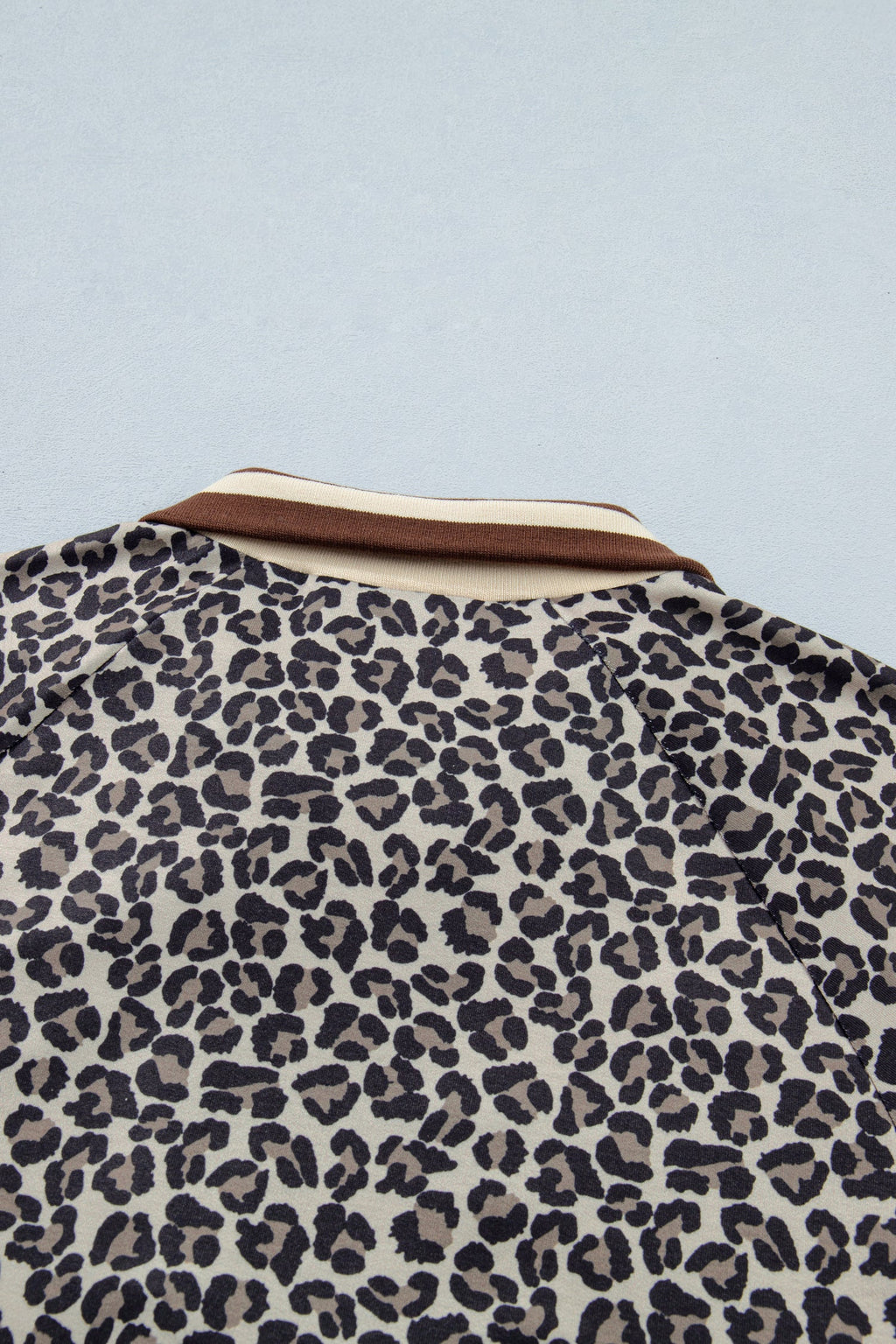 Leopard Half Zip Stripe Trim Short Sleeve Top