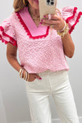 Flower Eyelet Embroidered Lace Flutter Sleeve Blouse