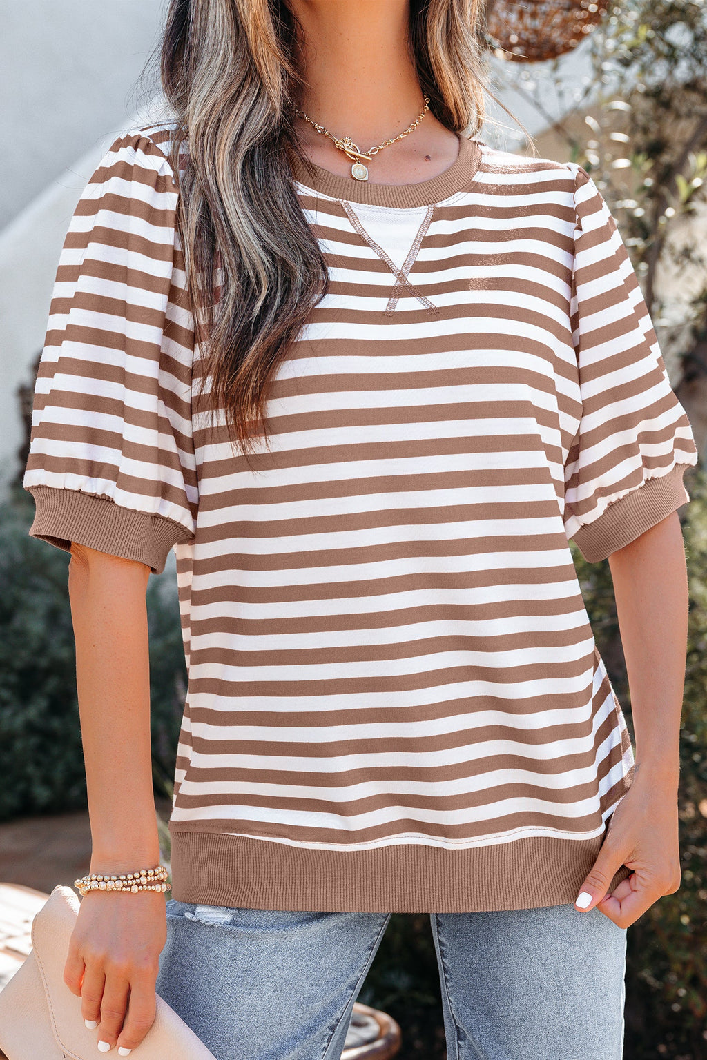 Stripe Short Bubble Sleeve T-Shirt