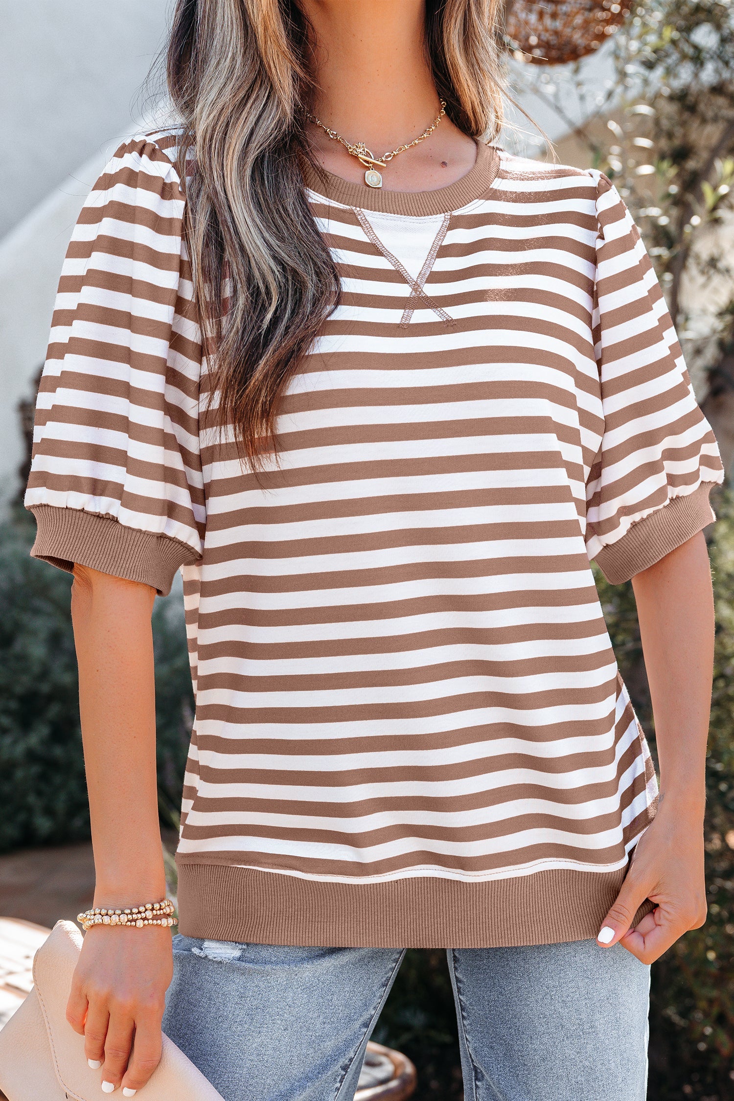 Stripe Short Bubble Sleeve T-Shirt