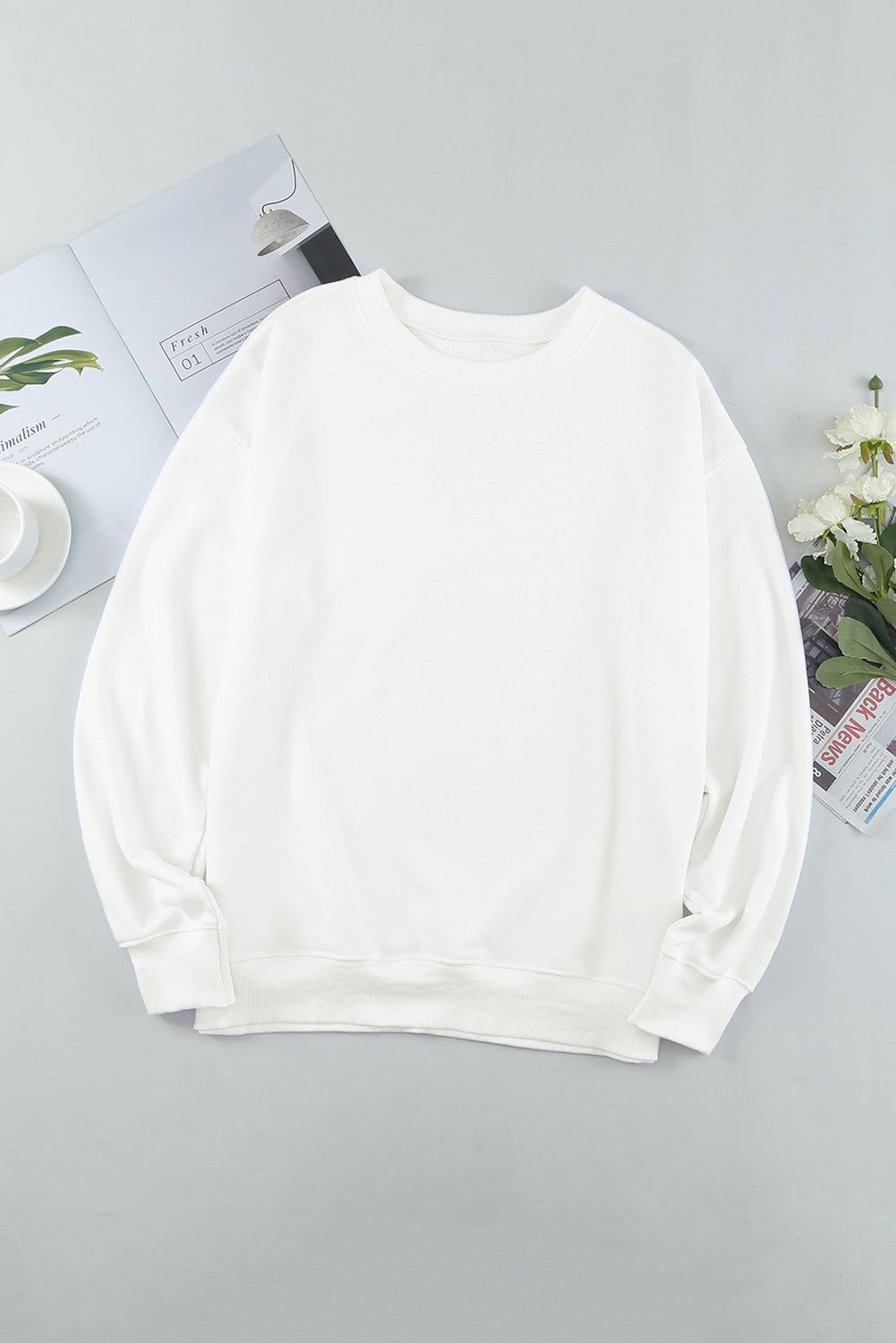Solid Crew Neck Pullover Sweatshirt